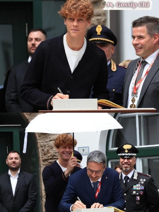 Jannik Sinner firma il libro d'oro della città e sostiene l'ombrello al Presidente di Bolzano 