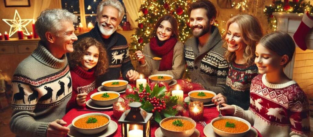 Famiglia riunita a Natale che mangia lenticchie