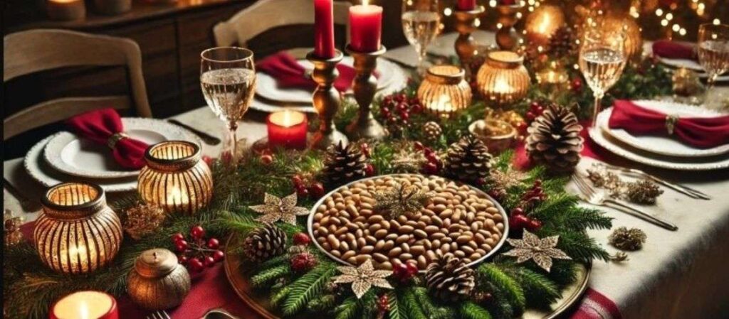 Piatto di lenticchie su una tavola decorata a Natale